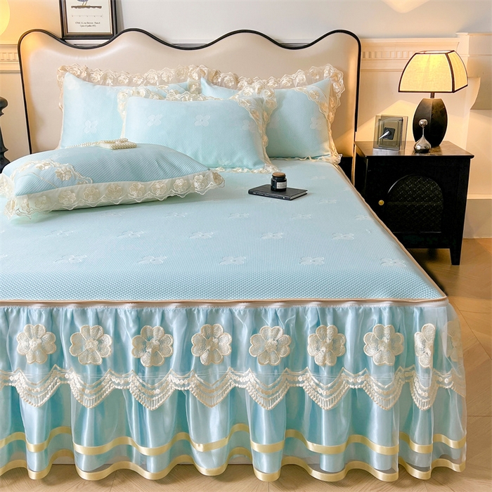 91家纺网 家纺一手货源 找家纺 虹星家纺 2024新款A类冰感凉豆豆可拆卸床裙席三件套 冰川蓝