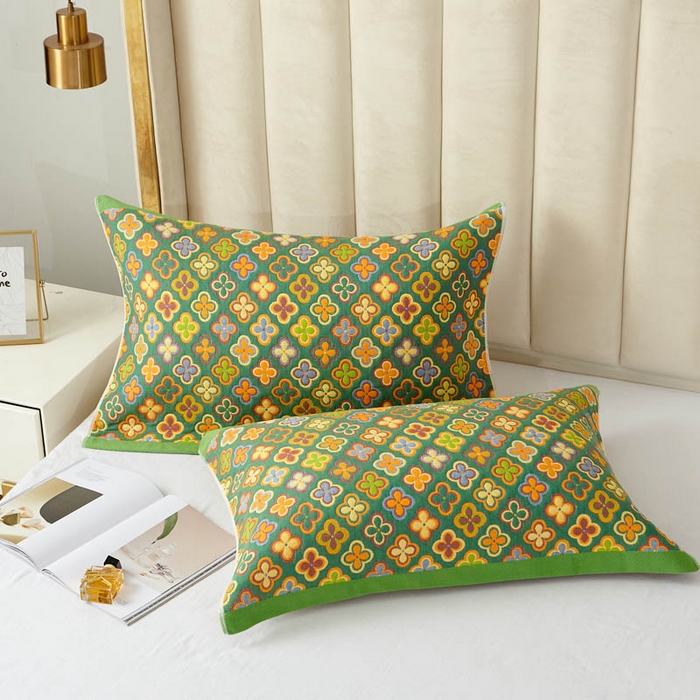 91家纺网 家纺一手货源 找家纺 朴尔-2024全棉四层纱布色织提花宽边时尚枕巾系列52*78一对 四叶心-绿