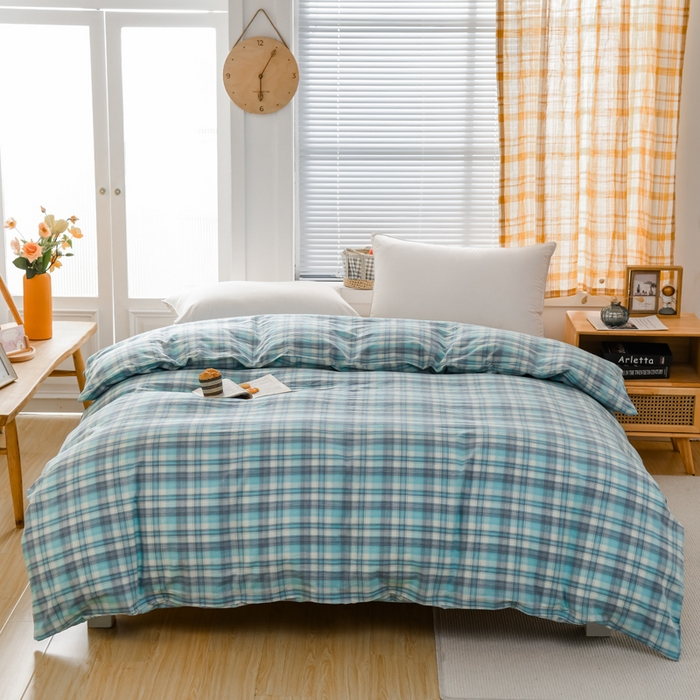 91家纺网 家纺一手货源 找家纺 柠萌家居 2024新款A类全棉色织水洗棉无印风四件套 简爱绿格