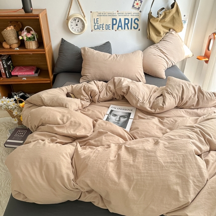 91家纺网 家纺一手货源 找家纺 易辰美 2024新款混搭超柔水洗棉四件套 奶杏+深灰