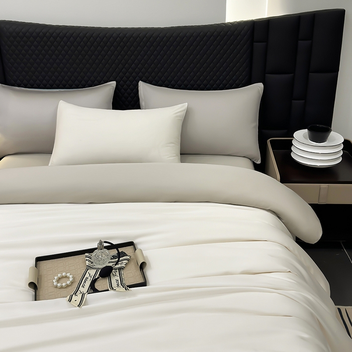 91家纺网 家纺一手货源 找家纺 直播爆款A类轻奢60S莱赛尔天丝四件套真丝四件套 本白+银灰