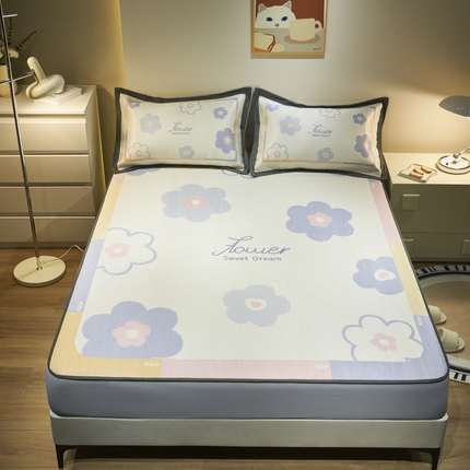 21度C 2024新款卡通大版数码印花冰藤席 花儿朵朵-床笠款