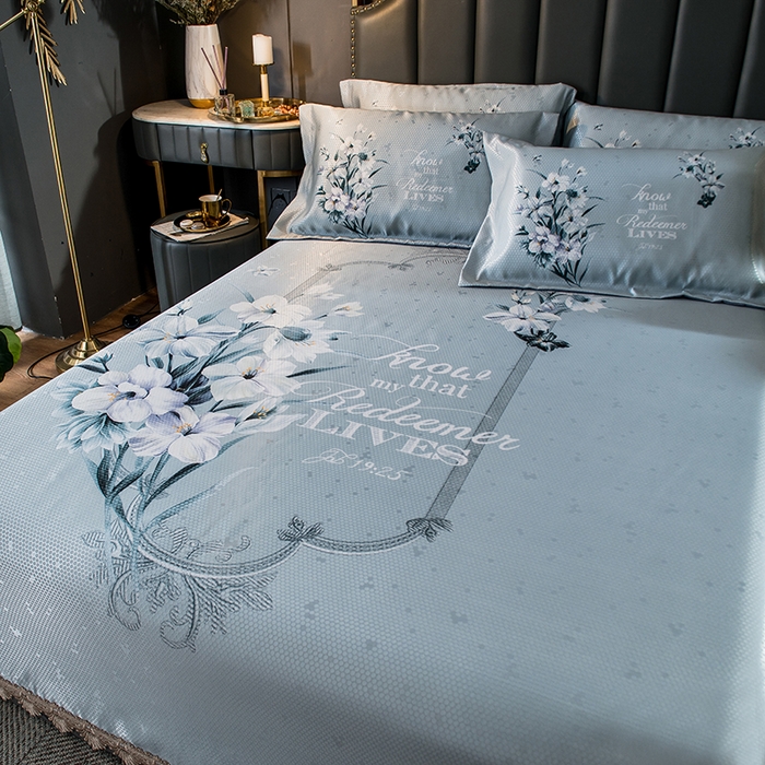 91家纺网 家纺一手货源 找家纺 大境 2024新款900d窝蜂冰丝凉席三件套 幽幽花语