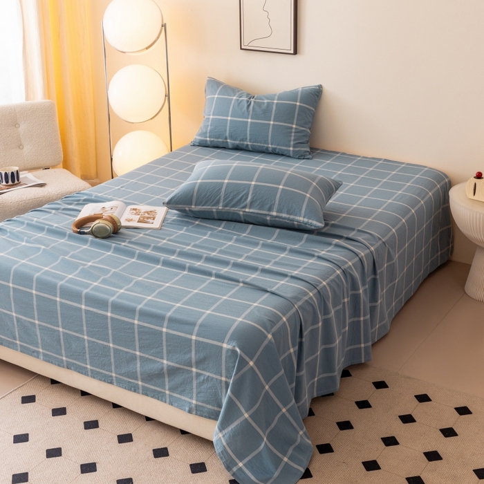 91家纺网 家纺一手货源 找家纺 寐眠 2024新款全棉水洗棉床单床笠单品-单床单 海蓝大格