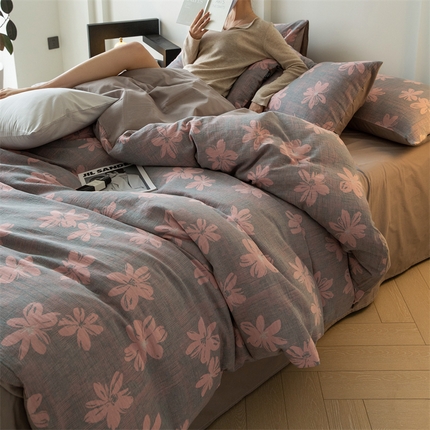 大米家居 2024新款全棉60支双层纱色织提花四件套 洛可-粉