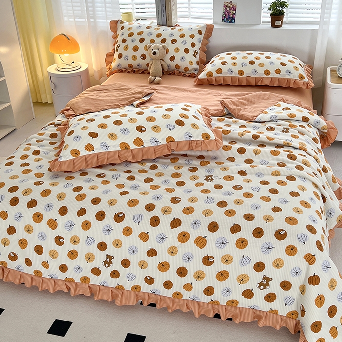 91家纺网 家纺一手货源 找家纺 梦莱斯 2024新款时尚舒适泡泡棉夏被四件套 南瓜