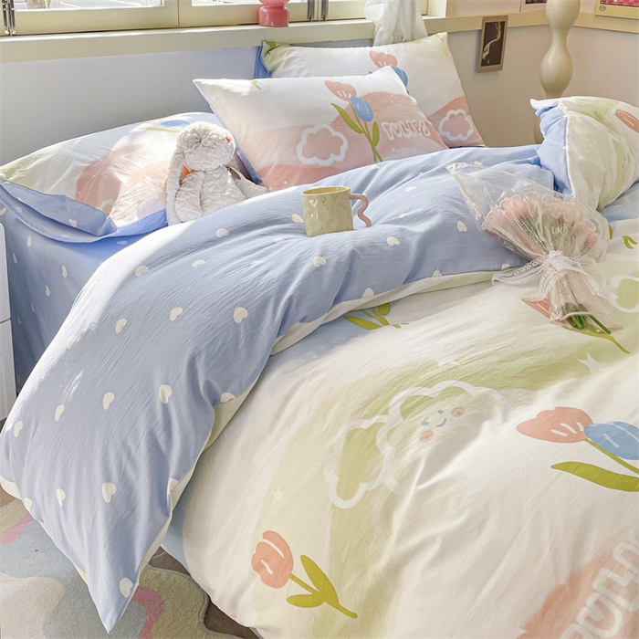 91家纺网 家纺一手货源 找家纺 盛秋家纺 2026新款水洗棉印花四件套-卡通系列 彩虹+蓝爱心