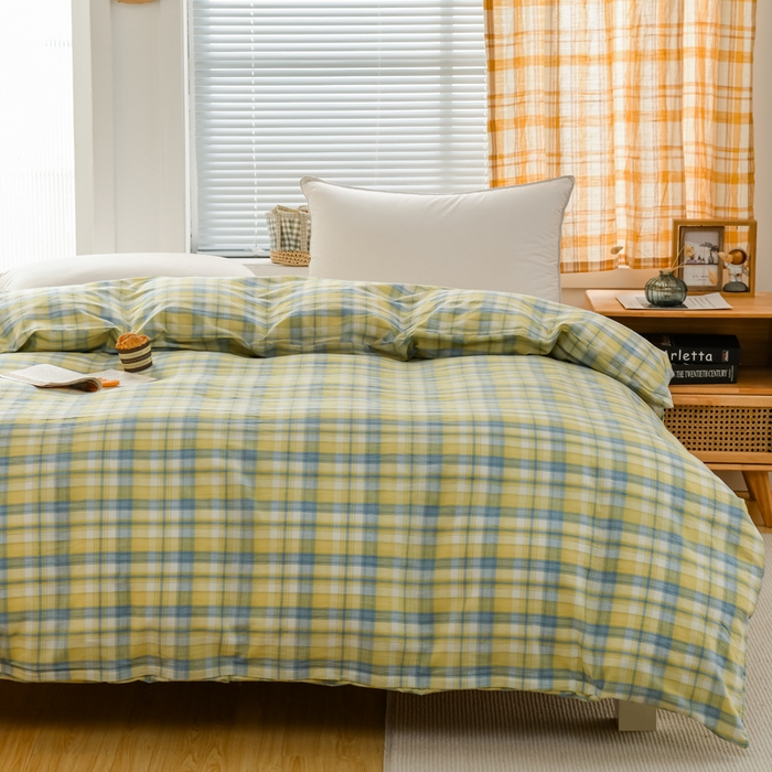 91家纺网 家纺一手货源 找家纺 柠萌家居 2024新款A类全棉色织水洗棉无印风四件套 简爱黄格