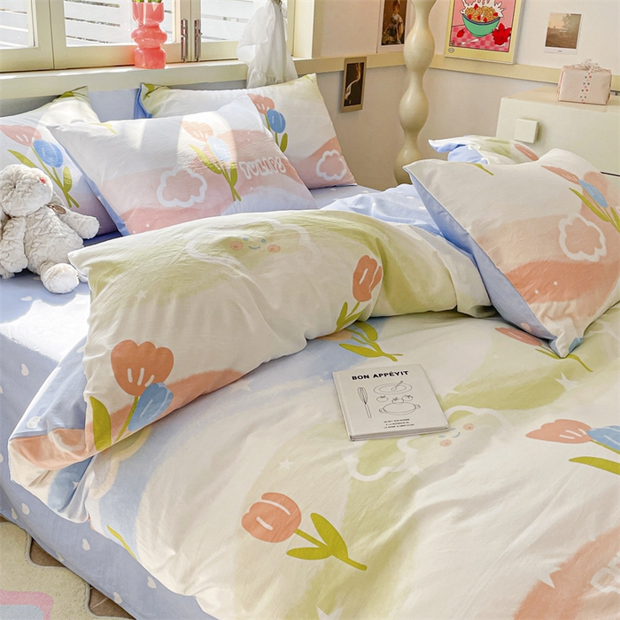 91家纺网 家纺一手货源 找家纺 盛秋家纺 2026新款水洗棉印花四件套-卡通系列 彩虹+蓝爱心