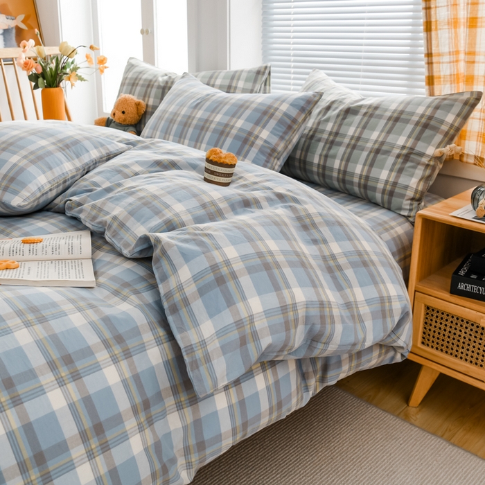 91家纺网 家纺一手货源 找家纺 柠萌家居 2024新款A类全棉色织水洗棉无印风四件套 遇见兰格