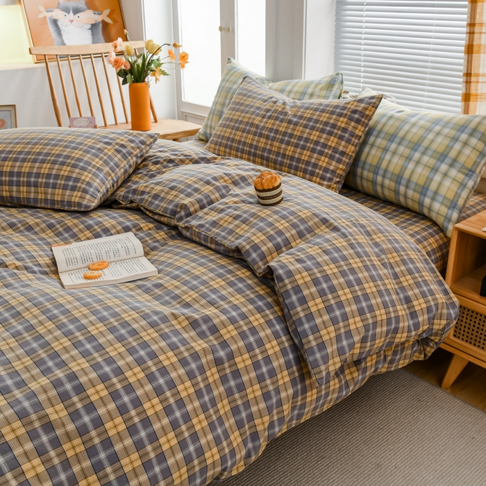 91家纺网 家纺一手货源 找家纺 柠萌家居 2024新款A类全棉色织水洗棉无印风四件套 芳华灰