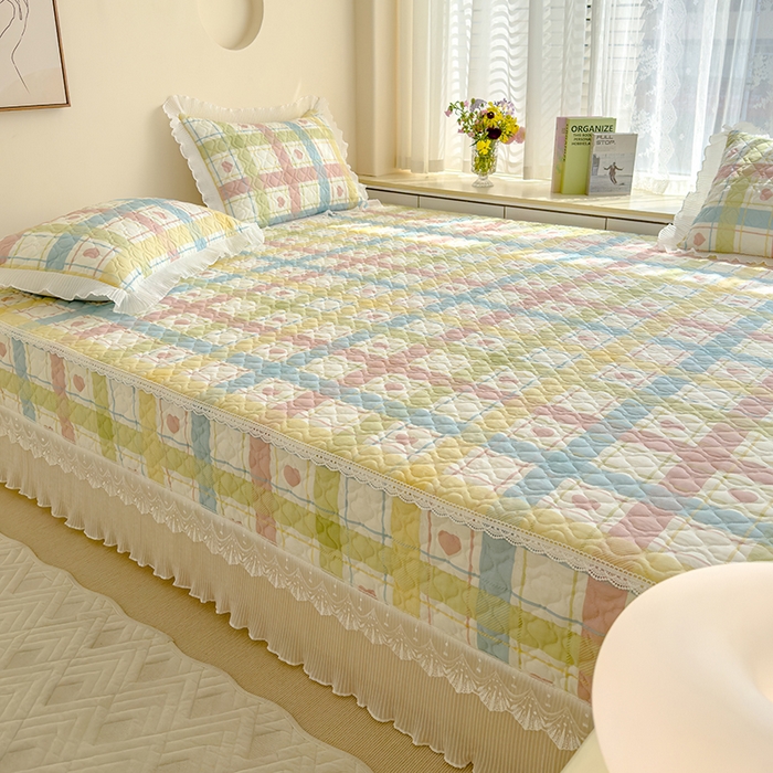 91家纺网 家纺一手货源 找家纺 冬然 2023新款全棉防滑榻榻米垫子炕垫纯棉床盖夹棉床单纯棉床单 爱心格粉