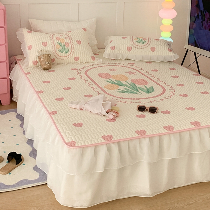 91家纺网 家纺一手货源 找家纺 昔可家纺 2024新款床裙款乳胶席 粉爱心郁金香