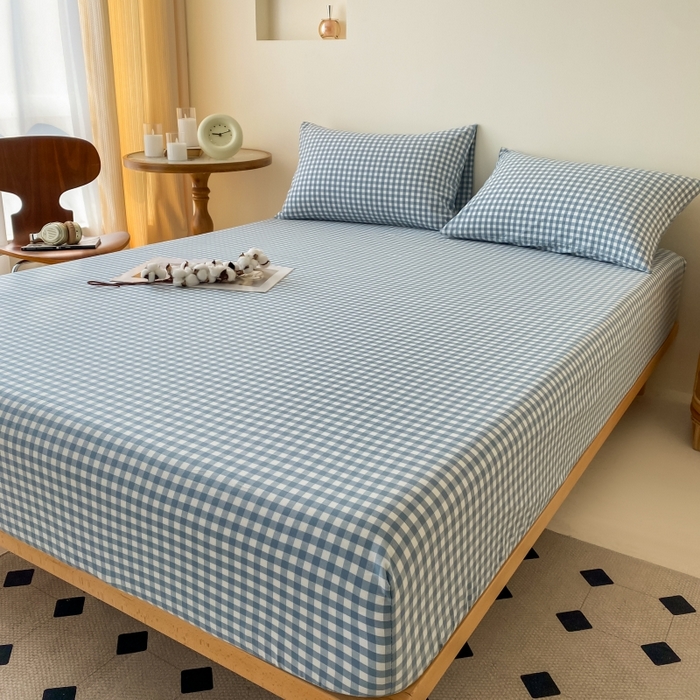 91家纺网 家纺一手货源 找家纺 寐眠 2024新款全棉水洗棉床单床笠单品-单床笠 蓝小格