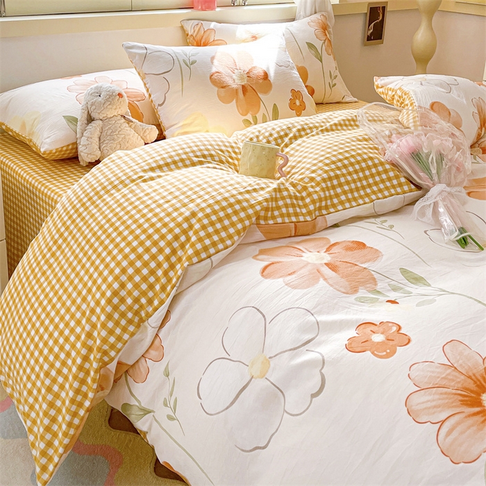 91家纺网 家纺一手货源 找家纺 盛秋家纺 2026新款水洗棉印花四件套-卡通系列 秋日花语+黄小格