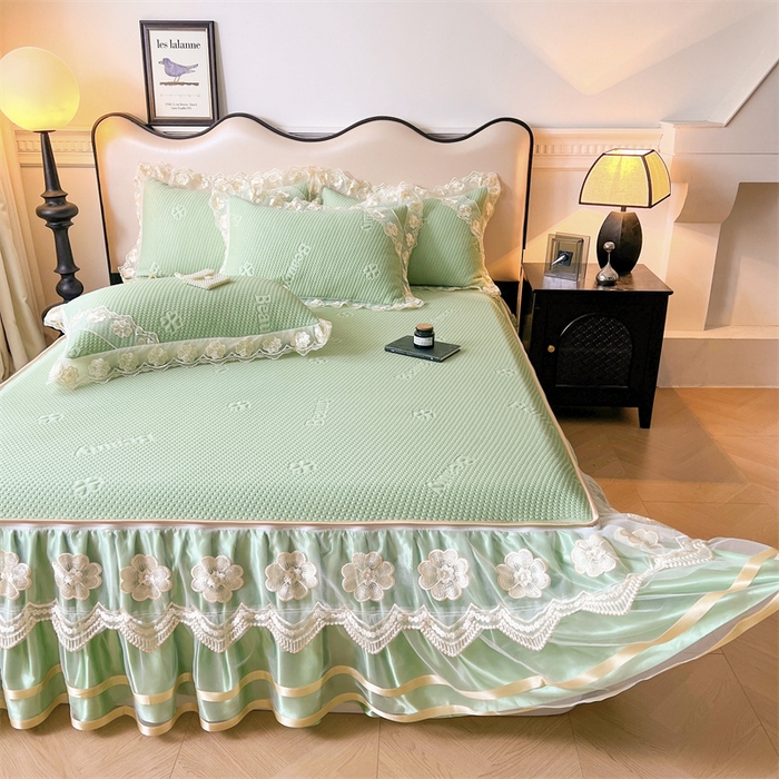 91家纺网 家纺一手货源 找家纺 虹星家纺 2024新款A类冰感凉豆豆可拆卸床裙席三件套 青果绿