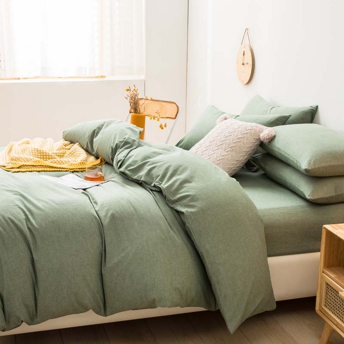 91家纺网 家纺一手货源 找家纺 柠萌家居 2024新款A类全棉色织水洗棉无印风四件套 一抹绿