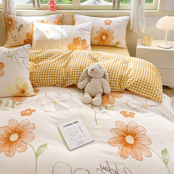 91家纺网 家纺一手货源 找家纺 盛秋家纺 2026新款水洗棉印花四件套-卡通系列 秋日花语+黄小格