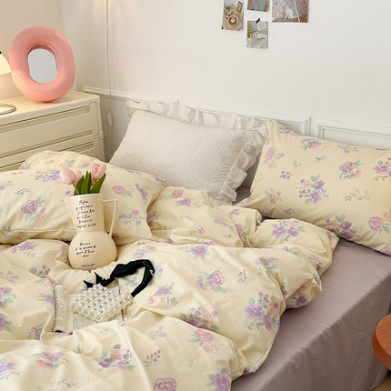 昔可家纺 2024新款全棉春日复古印花四件套 紫色落花