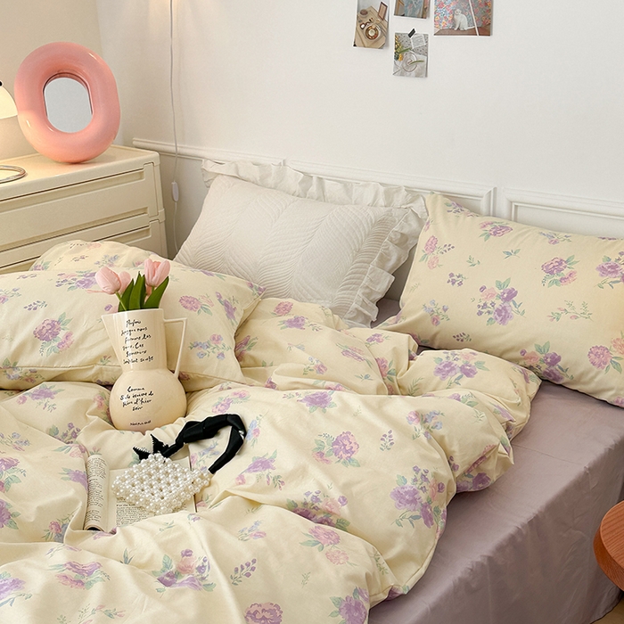 91家纺网 家纺一手货源 找家纺 昔可家纺 2024新款全棉春日复古印花四件套 紫色落花