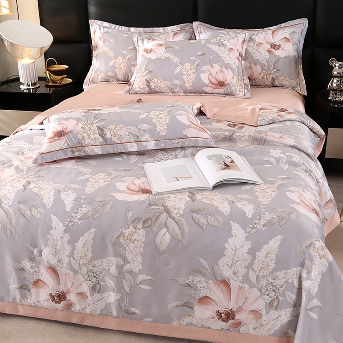 91家纺网 家纺一手货源 找家纺 梦莱斯 2024新款拼角宽边水洗天丝夏被四件套 花颜灰