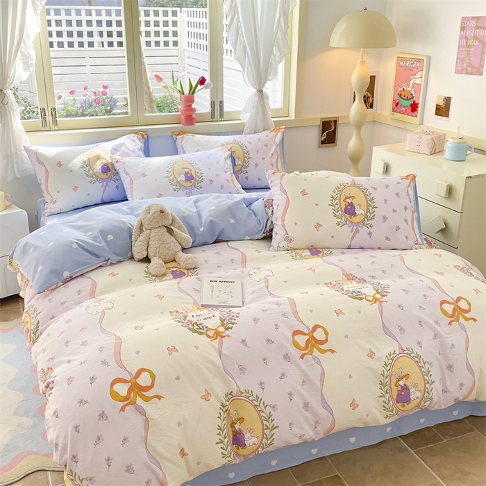 91家纺网 家纺一手货源 找家纺 盛秋家纺 2026新款水洗棉印花四件套-卡通系列 爱丽丝+蓝爱心