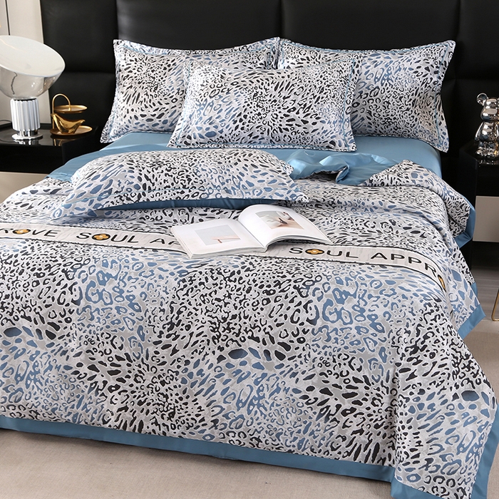 91家纺网 家纺一手货源 找家纺 梦莱斯 2024新款拼角宽边水洗天丝夏被四件套 豹纹兰