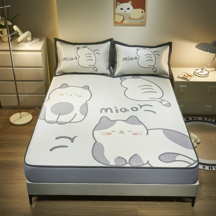 21度C 2024新款卡通大版数码印花冰藤席 慵懒喵喵-床笠款