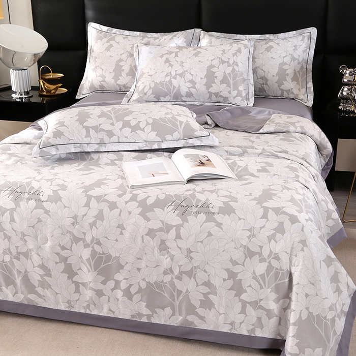 91家纺网 家纺一手货源 找家纺 梦莱斯 2024新款拼角宽边水洗天丝夏被四件套 清竹灰