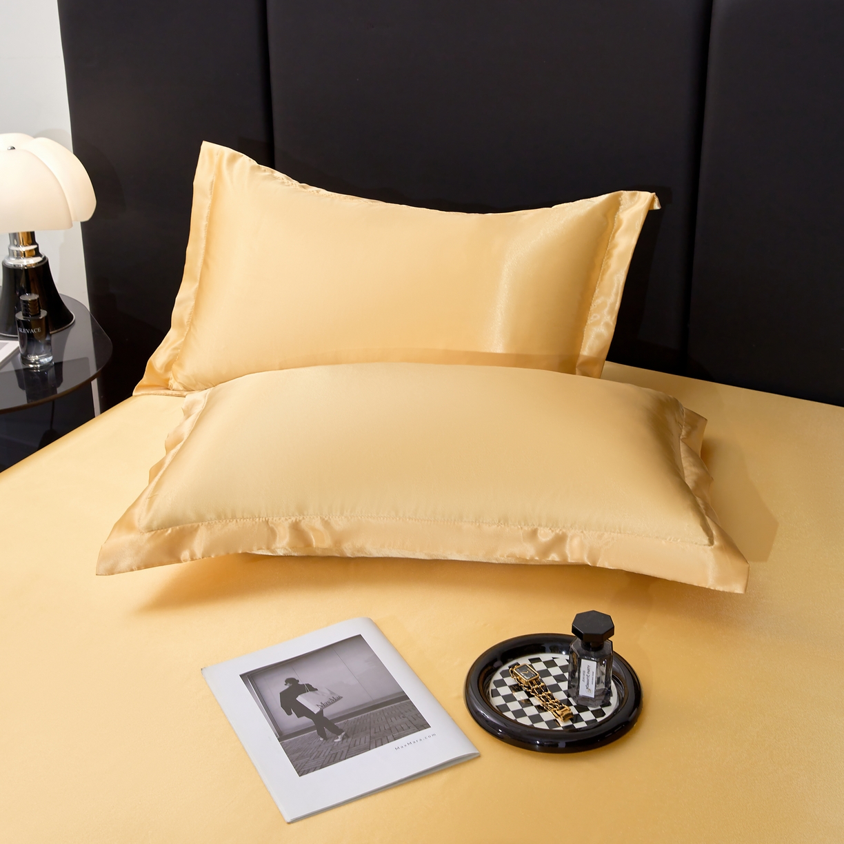 91家纺网 家纺一手货源 找家纺 梦舒羽 2025新款可水洗冰丝床垫保护套床笠三件套 金驼色