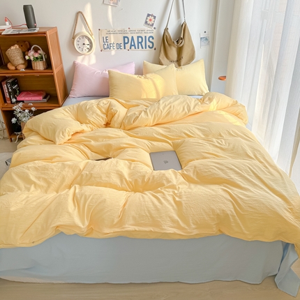91家纺网 家纺一手货源 找家纺 易辰美 2024新款混搭超柔水洗棉四件套 嫩黄+浅兰