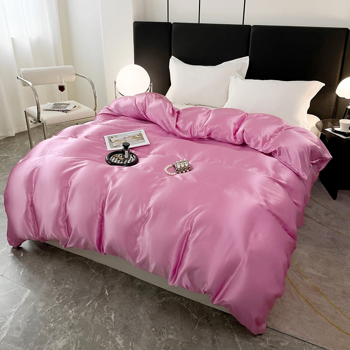 91家纺网 家纺一手货源 找家纺 梦舒羽 2025新款可水洗冰丝被套双人床被套带同款床单床笠四件套 粉色