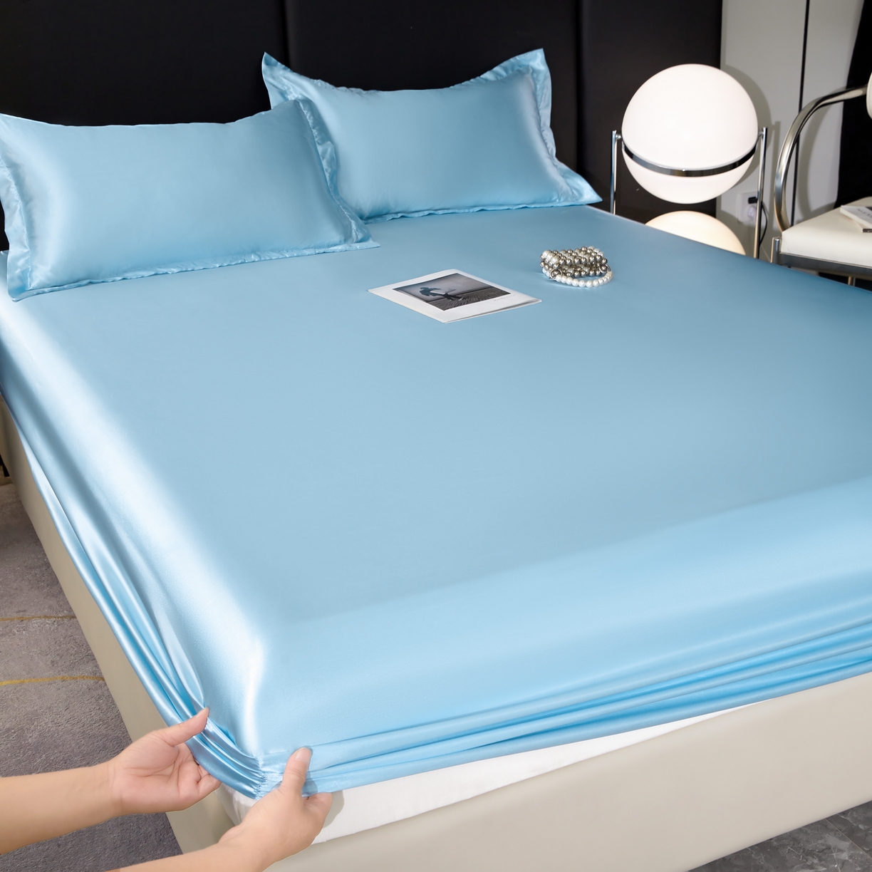 91家纺网 家纺一手货源 找家纺 梦舒羽 2025新款可水洗冰丝床垫保护套床笠三件套 天空蓝