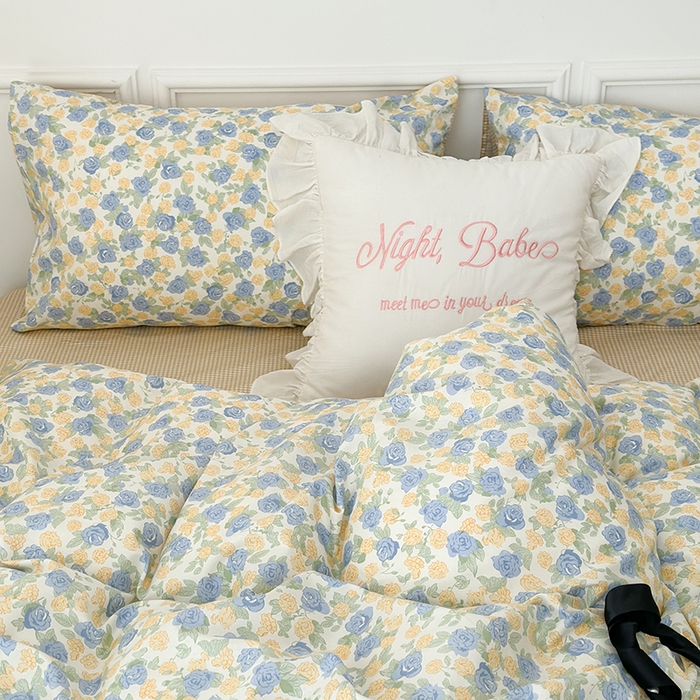 91家纺网 家纺一手货源 找家纺 昔可家纺 2024新款全棉春日复古印花四件套 春日里的蓝玫瑰