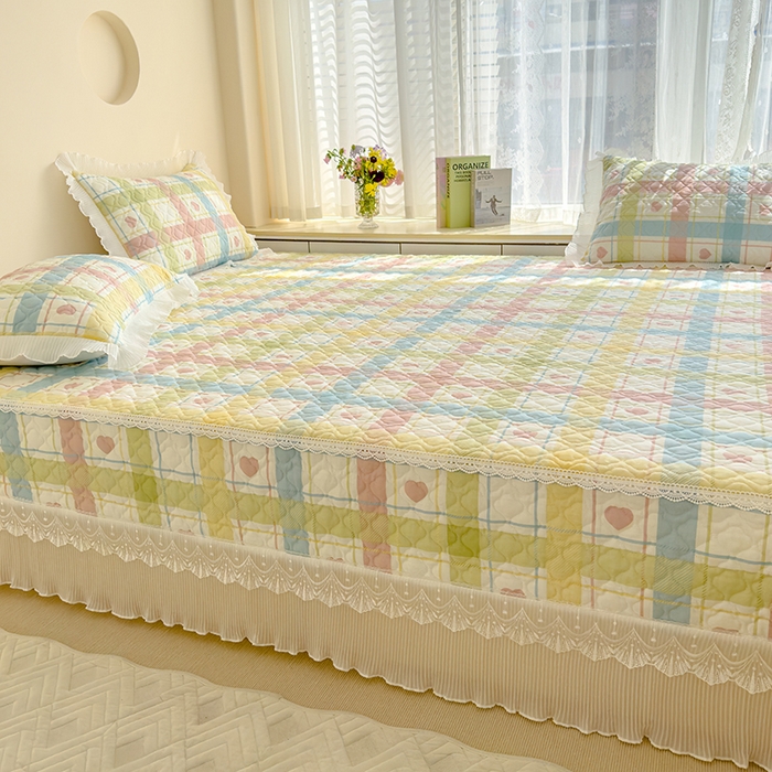 91家纺网 家纺一手货源 找家纺 冬然 2023新款全棉防滑榻榻米垫子炕垫纯棉床盖夹棉床单纯棉床单 爱心格粉