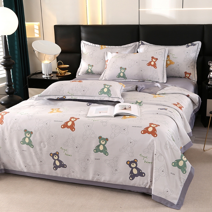 91家纺网 家纺一手货源 找家纺 梦莱斯 2024新款拼角宽边水洗天丝夏被四件套 宝贝熊