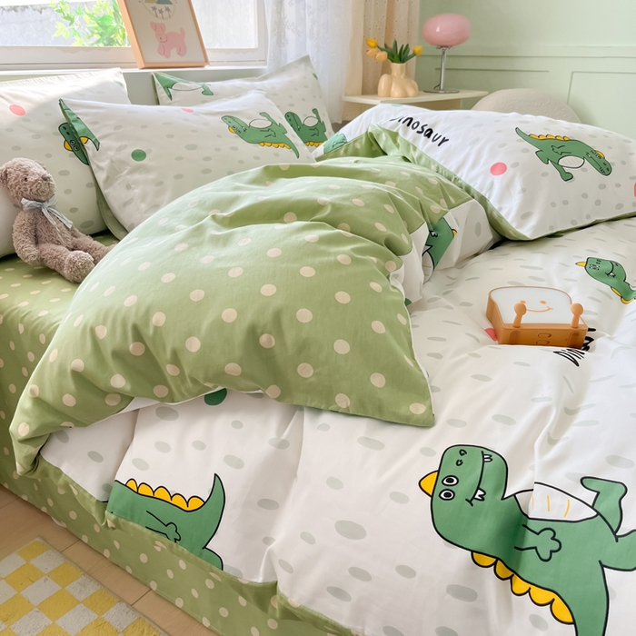 91家纺网 家纺一手货源 找家纺 芊寻家居 2024新款全棉13372花卉系列四件套 恐龙点点