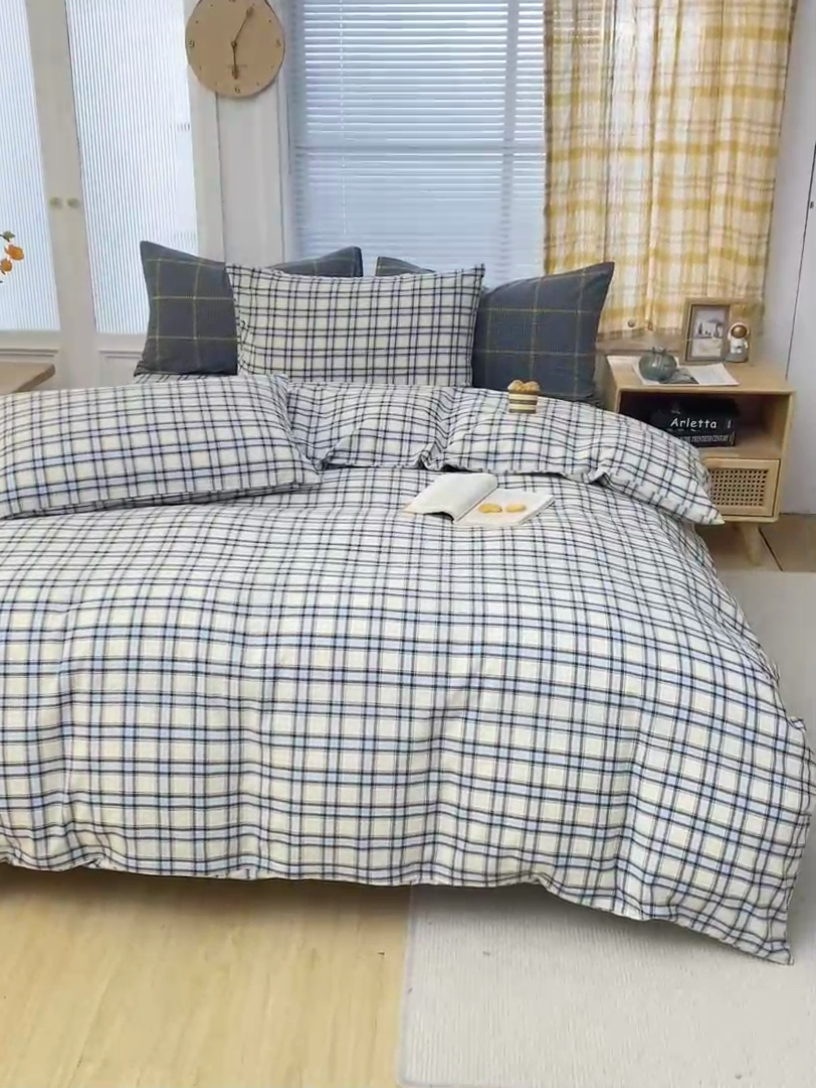 91家纺网 家纺一手货源 找家纺 柠萌家居 2024新款A类全棉色织水洗棉无印风四件套 里约蓝