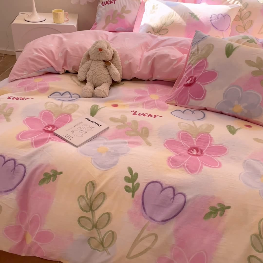 91家纺网 家纺一手货源 找家纺 盛秋家纺 2026新款水洗棉印花四件套-卡通系列 雅朵+粉爱心