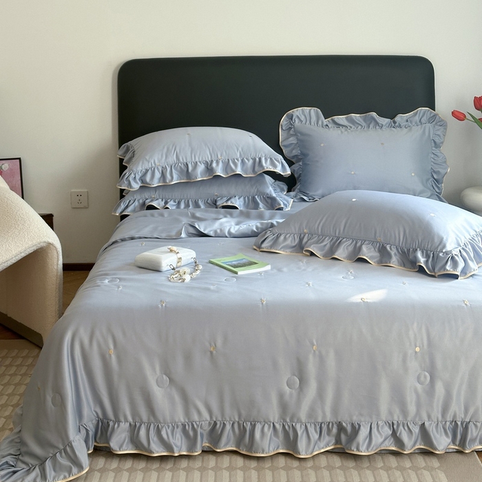 91家纺网 家纺一手货源 找家纺 优悦生活馆 2024新款冰丝甜美风荷叶边款夏被四件套初夏系列  初夏-蓝