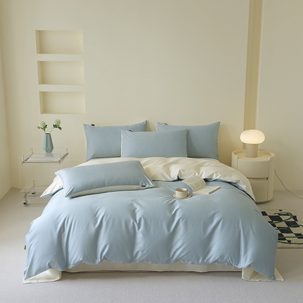 91家纺网 家纺一手货源 找家纺 百寐 2024新款全棉纯色双拼四件套素色简约套件 云水蓝+奶白