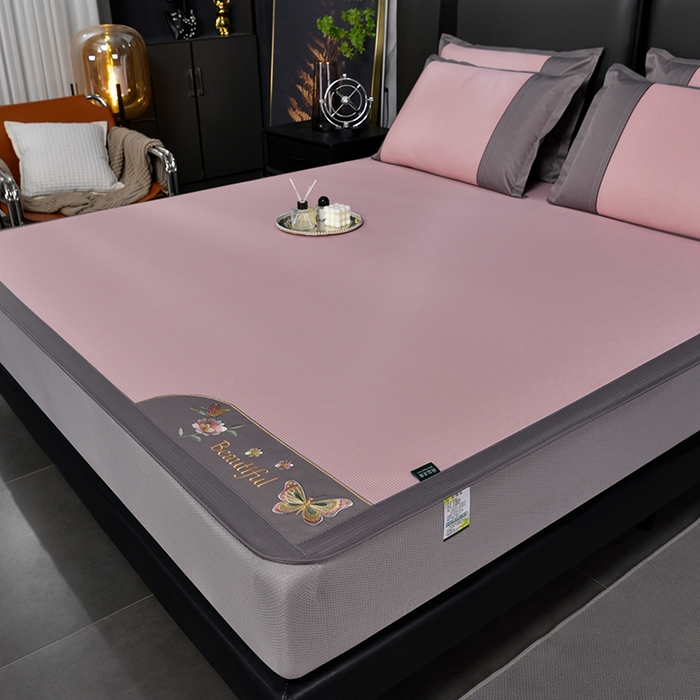 91家纺网 家纺一手货源 找家纺 简一 2024新款A类抗菌冰丝席--床笠款 蝶恋花抗菌席粉床笠