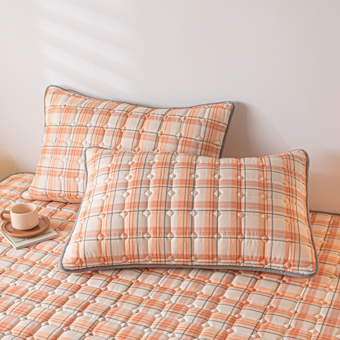 91家纺网 家纺一手货源 找家纺 鑫钰 2024新款无印风水洗棉水洗亲肤大豆夹棉床笠-简格 简格-格调橙