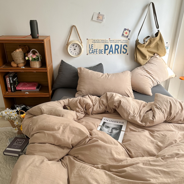 91家纺网 家纺一手货源 找家纺 易辰美 2024新款混搭超柔水洗棉四件套 奶杏+深灰