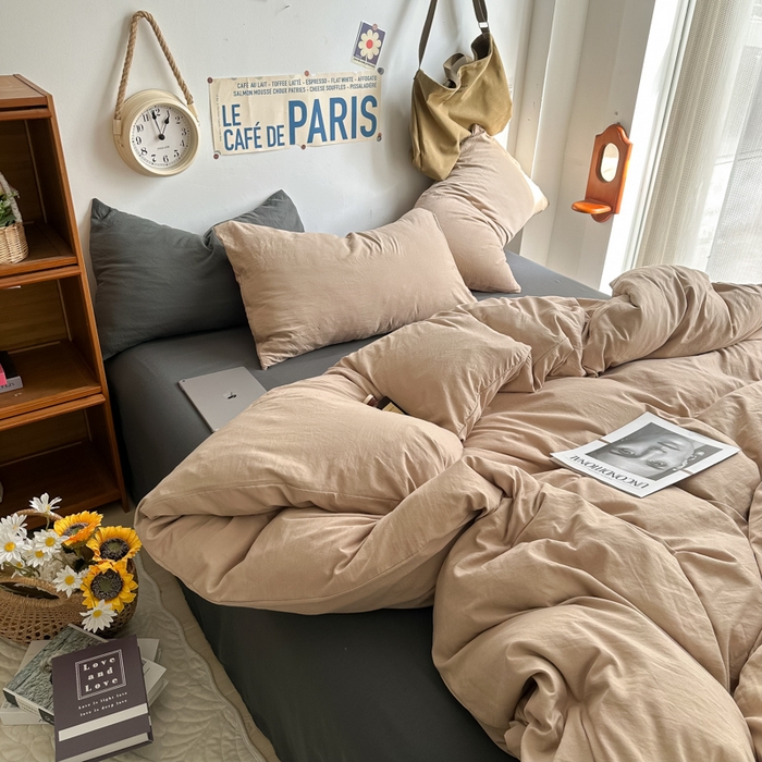 91家纺网 家纺一手货源 找家纺 易辰美 2024新款混搭超柔水洗棉四件套 奶杏+深灰