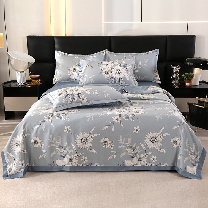 91家纺网 家纺一手货源 找家纺 梦莱斯 2024新款拼角宽边水洗天丝夏被四件套 花悦吟兰