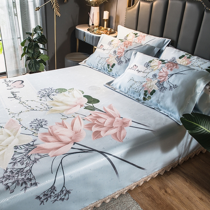 91家纺网 家纺一手货源 找家纺 大境 2024新款900d窝蜂冰丝凉席三件套 香草百合