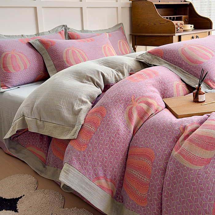 91家纺网 家纺一手货源 找家纺 小欢喜 2024新款全棉A类色织双层纱大提花四件套-宽边款 波点南瓜-紫