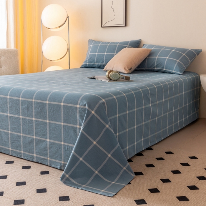 91家纺网 家纺一手货源 找家纺 寐眠 2024新款全棉水洗棉床单床笠单品-单床单 海蓝大格