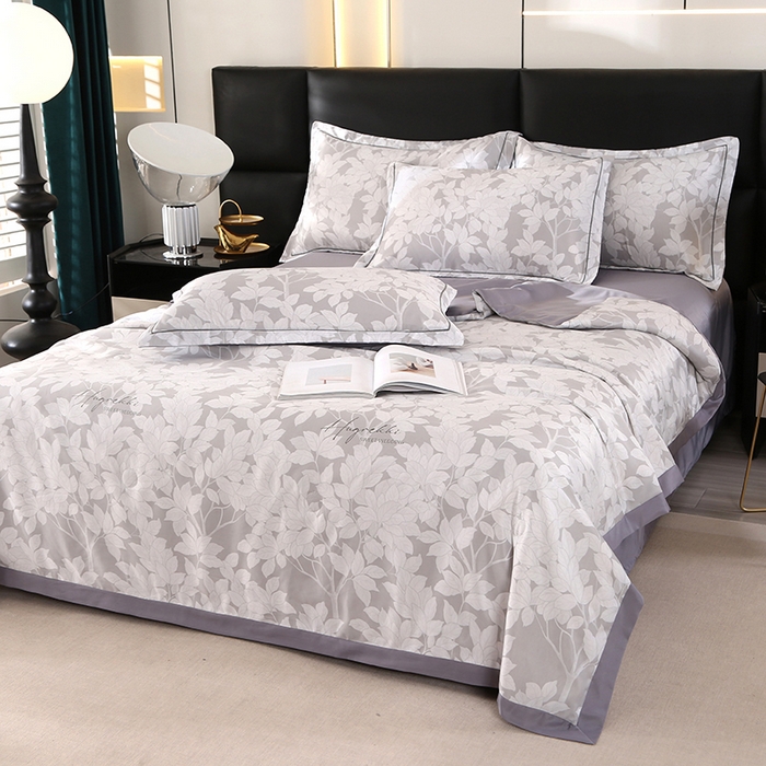 91家纺网 家纺一手货源 找家纺 梦莱斯 2024新款拼角宽边水洗天丝夏被四件套 清竹灰